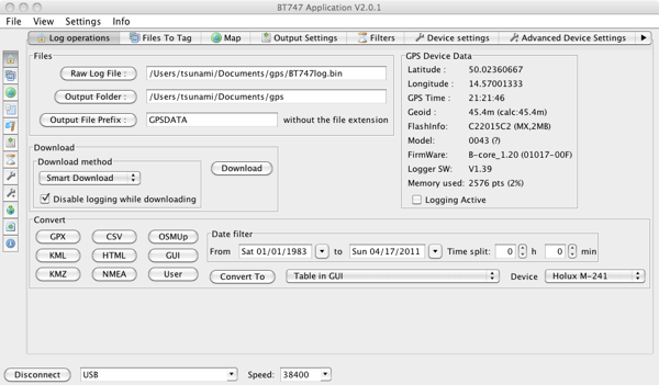 Program BT747 a GPS Logger Holux M-241 připojený přes USB