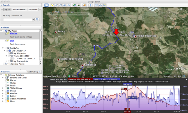 Ukázka dat z Holux M-241 v programu Google Earth